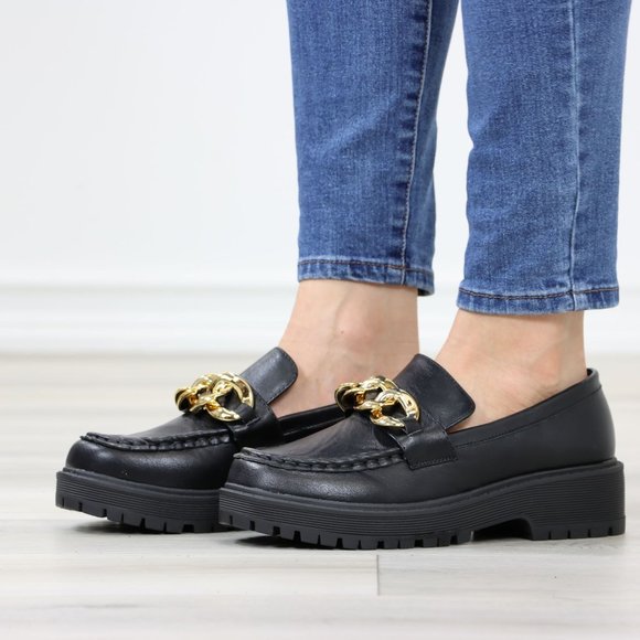 Chunky Lug Sole Slip On Penny Loafers Platform With Gold Chain - Picture 12 of 13